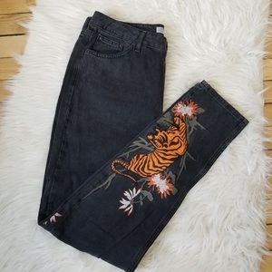Top shop mom jeans tiger embroidered worn once